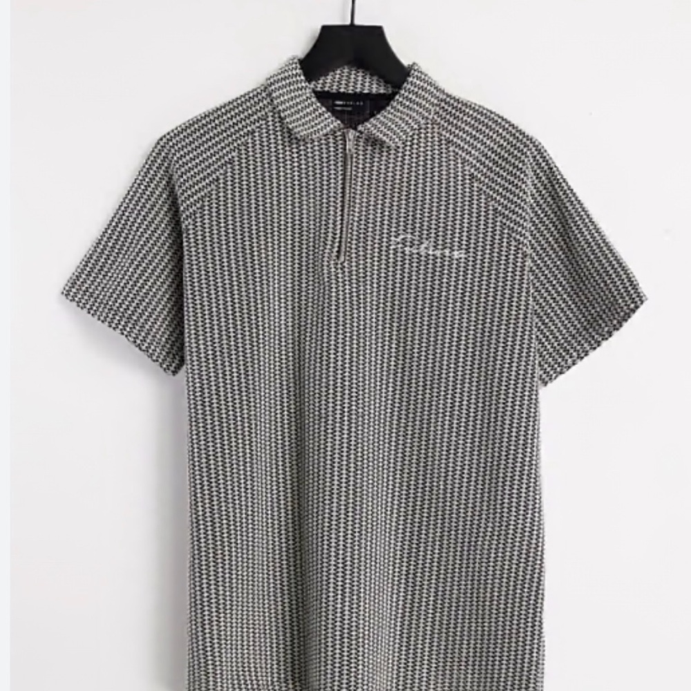 ASOS Black and White Patterned Boxy Style Polo Shirt 3/4 zipper